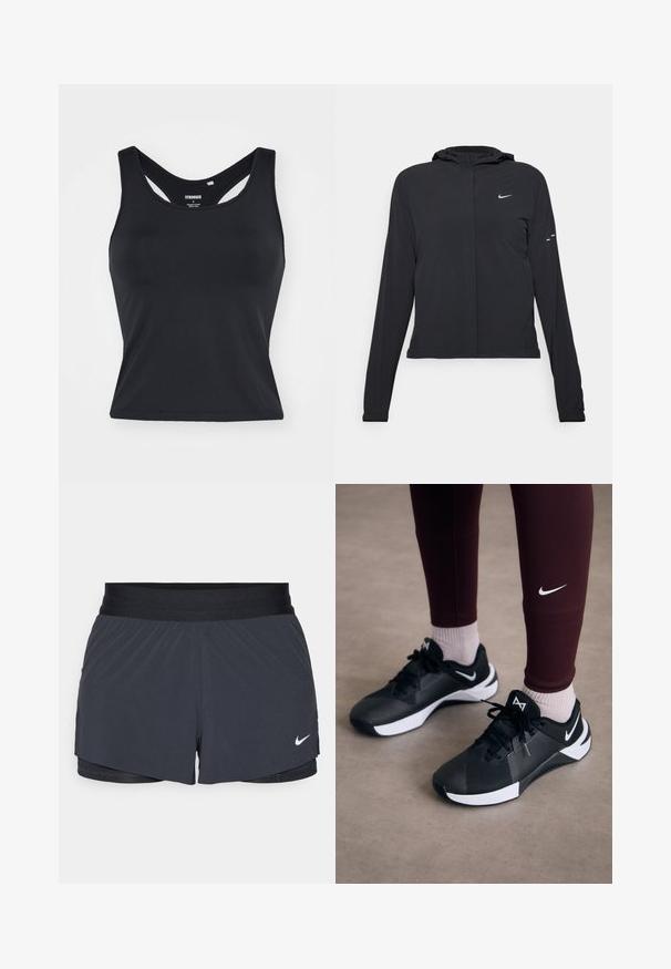 Schwarze Kapuzenjacke mit langen Ärmeln, aus leichtem Material gefertigt. Sie hat einen vorderen Reißverschluss, ein Nike-Logo und dezente Designelemente.; Schwarzes, ärmelloses Sport-Tanktop mit hohem Kragen und offenem Rückendesign. Hergestellt aus dehnbarem Stoff, mit glatter Textur und minimalen Nähten.; Schwarze Sportshorts mit elastischem Bund, ausgestattet mit einem geschichteten Design und einem kleinen weißen Nike-Logo unten links. Leichtes Material.; Schwarze Sportschuhe mit einer strukturierten Oberseite und weißen Akzenten, versehen mit Schnürsenkeln und einem Seitenlogo. Tragen Sie dazu bordeauxfarbene Leggings und helle Socken.