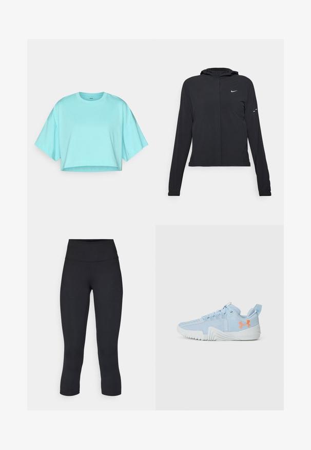 Sort hættetrøje med lange ærmer, lavet af letvægtsmateriale. Har en frontlynlås, et Nike-logo og subtile designaccenter.; Afskåret t-shirt i lyse turkise farver, lavet af blød bomuld. Har en rund halsudskæring og brede korte ærmer. Glat tekstur med minimal syning.; Sorte cropped leggings lavet af stretchy materiale, med en høj talje og blød tekstur, uden synlige mønstre eller hardware.; Lyseblå atletisk sko lavet af mesh-materiale med en tekstureret sål, der har et orange logo og snørredesign.