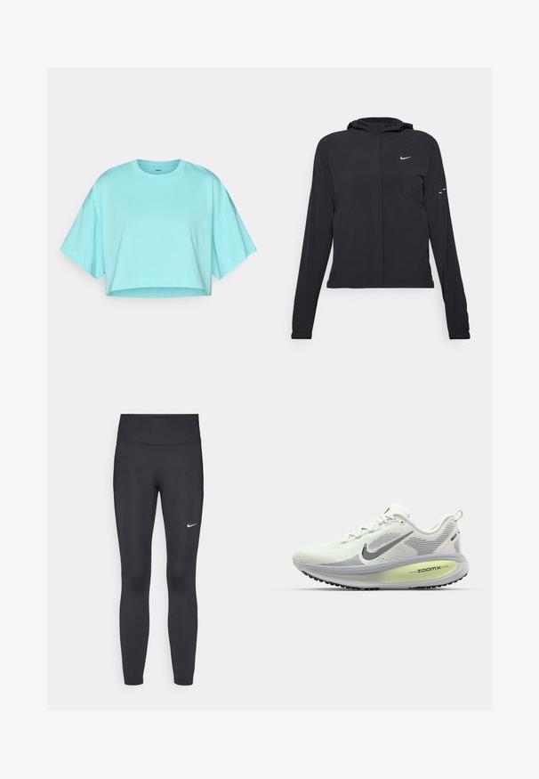 Casaco preto com capuz e mangas longas, feito de material leve. Apresenta um fecho dourado na frente, um logótipo da Nike e detalhes de design subtis.; T-shirt cropped em turquoise claro, feito de algodão suave. Apresenta um decote redondo e mangas largas e curtas. Textura suave com costura mínima.; Leggings pretos feitos de tecido elástico, com uma cintura alta e um logo branco da Nike na coxa esquerda. Textura suave, design ajustado ao corpo.; Nike Performance VOMERO 18 - Sapatos para corrida em estrada - summit white/black/barely volt/light silver/metallic silver