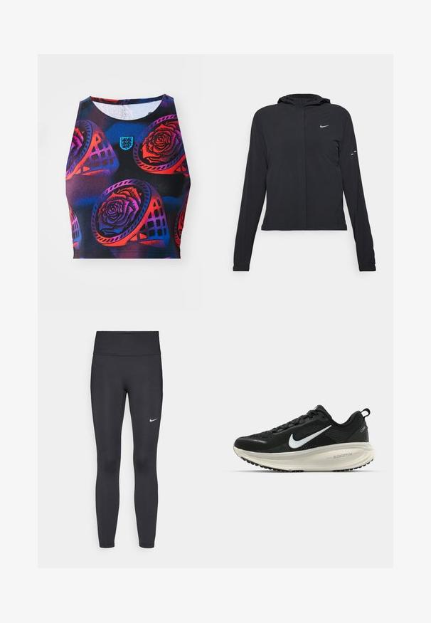Black hooded jacket with long sleeves, made from lightweight material. Features a front zipper, a Nike logo, and subtle design accents.; Sleeveless crop top in stretchy black fabric, featuring a multicolor floral pattern with roses and geometric shapes, and a small logo.; Black leggings made of stretchy fabric, featuring a high waistband and a white Nike logo on the left thigh. Smooth texture, form-fitting design.; Black Nike running shoe with breathable mesh upper, white swoosh logo, textured detailing, and a cream-colored ZoomX midsole.