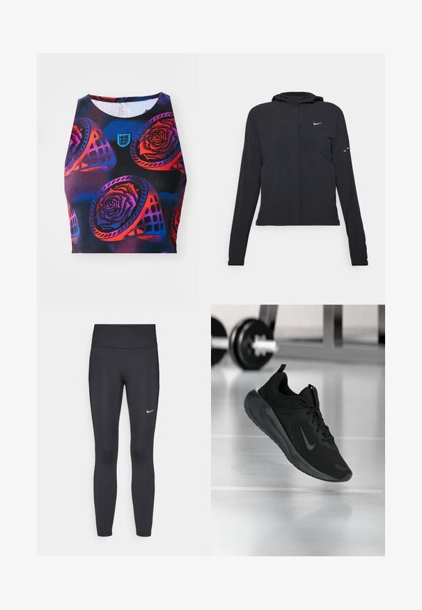 Casaco preto com capuz e mangas longas, feito de material leve. Apresenta um fecho dourado na frente, um logótipo da Nike e detalhes de design subtis.; Top cropped sem mangas em tecido preto elástico, com padrão floral multicolorido com rosas e formas geométricas, e um pequeno logótipo.; Leggings pretos feitos de tecido elástico, com uma cintura alta e um logo branco da Nike na coxa esquerda. Textura suave, design ajustado ao corpo.; Sapatilha desportiva preta com o logotipo da Nike, mostrada em pleno ar sobre o chão do ginásio, com um suporte de halteres desfocado ao fundo.