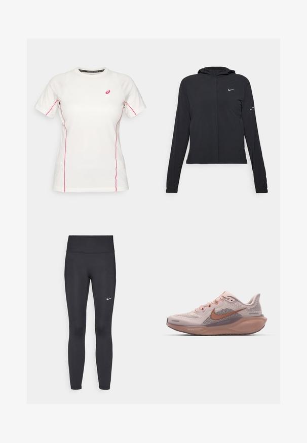 Zwarte kaptrui met lange mouwen, gemaakt van lichtgewicht materiaal. Voorzien van een ritssluiting aan de voorkant, een Nike-logo en subtiele ontwerpelementen.; Witte sportshirt met korte mouwen en roze stiksels langs de zijkanten en mouwen, met een klein roze Asics-logo op de borst.; Zwarte legging van rekbare stof met een hoge tailleband en een wit Nike-logo op de linkerdij. Gladde textuur, aansluitend ontwerp.; Lichtroze sportschoen met een bovenwerk van mesh, bruine accenten en een getextureerde zool. Bevat veters en een gevoerde hiel voor comfort.