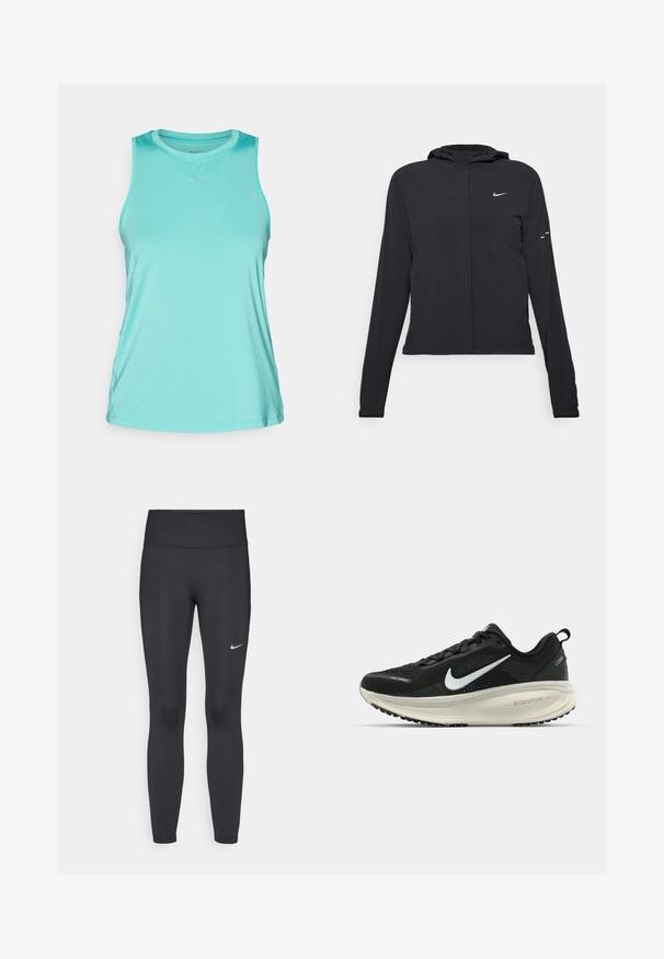 Juodas gobtuvas striukė su ilgomis rankovėmis, pagaminta iš lengvo audinio. Pasižymi priekiniais užtrauktukais, Nike logotipu ir subtiliais dizaino akcentais.; Nike Performance ONE CLASSIC TANK - Viršus - green frost/black; Juodi leggingai iš elastingos medžiagos, turintys aukštą juosmenį ir baltą Nike logotipą kairėje šlaunyje. Lygus paviršius, prigludusi dizainas.; Juodas Nike sportinis batelis su kvėpuojančiu tinklu, baltu swoosh logotipu, tekstūruoto dizaino detalėmis ir grietinėlės spalvos ZoomX viduriu.