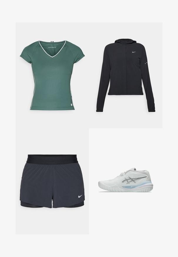 Crna jakna s kapuljačom i dugim rukavima, izrađena od laganog materijala. Ima prednji patentni zatvarač, Nike logo i suptilne dizajnerske detalje.; Zelena majica s v-izrezom i kratkim rukavima, s bijelim obrubom uz izrez i strane. Izrađena od glatkog, rastezljivog materijala.; Crne atletske kratke hlače s elastičnom stražnjicom, imaju slojeviti dizajn i mali bijeli Nike logo na donjoj lijevoj strani. Lagani materijal.; Bijele sportske cipele s teksturiranom gornjom djelom, s prozirnom plavom potplatom i suptilnim sivim brendiranjem sa strane. Okrugliti vrh i nizak profil.