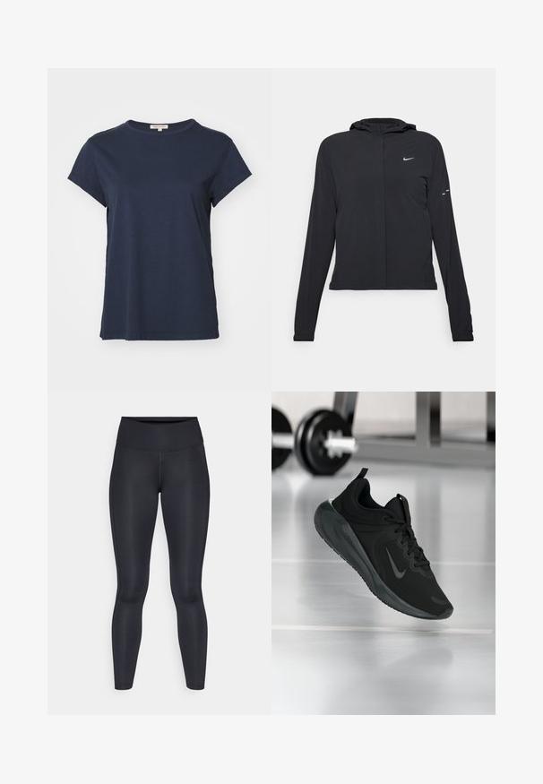 Must musta kapuutsiga jakk, millel on pikad varrukad ja mis on valmistatud kergetest materjalidest. Omab esitaskut, Nike logo ja kergelt silmatorkavaid disainiaktsente.; Yogasearcher NAMASTE - Trükipildiga T-särk - navy; Mustad mustad, mis on valmistatud siledast ja venivast kangast. Kõrge vöökoht, ilma nähtavate mustrite või aksessuaarideta. Sobivad tihedalt puusadelt kuni pahkluuni.; Mustad mustang spordijalatsid Nike logo'ga, õhus spordisaali põrandal, häguste hantlite riiulitega taustal.