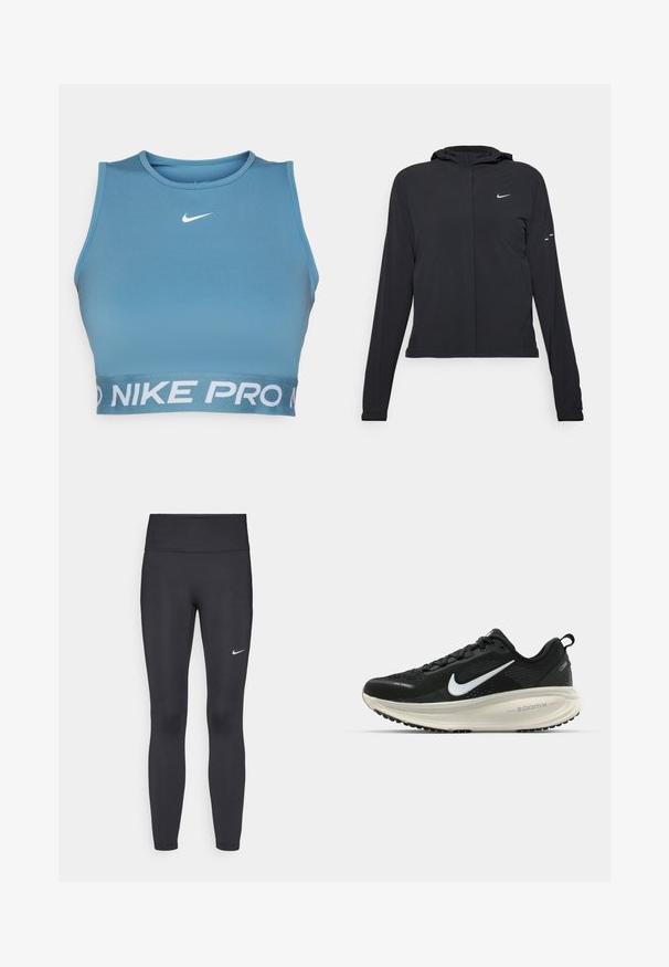 Čierna kapucňová bunda s dlhou rukávou, vyrobená z ľahkého materiálu. Má predný zips, logo Nike a jemné dizajnové akcenty.; Modrý športový crop top vyrobený z hladkej látky s okrúhlym výstrihom, s bielym logom Nike a textom "NIKE PRO" na páse.; Čierne legíny z elastického materiálu, s vysokým pásom a bielym logom Nike na ľavom stehne. Hladká textúra, priliehavý dizajn.; Čierne bežecké topánky Nike s priedušnou sieťovinou, bielym logom s symbolom swoosh, textúrovanými detailmi a krémovou ZoomX medzipodrážkou.
