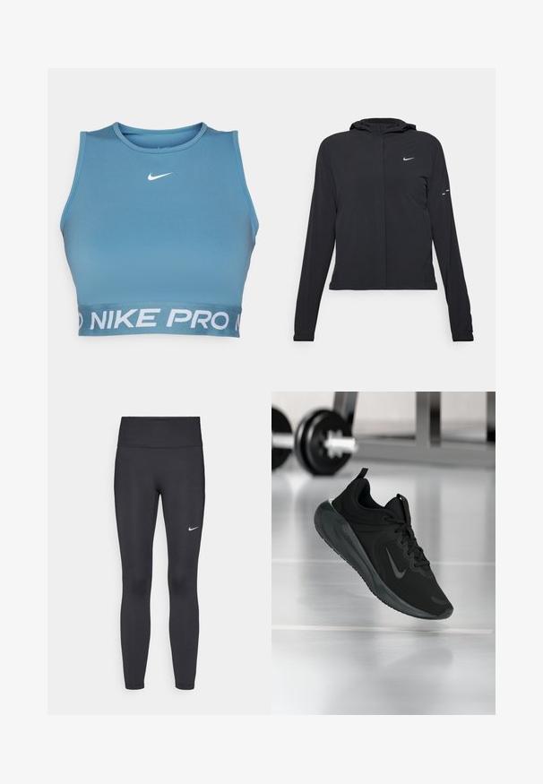 Černá kapucňová bunda s dlouhými rukávy, vyrobená z lehkého materiálu. Obsahuje přední zip, logo Nike a decentní designové akcenty.; Modrý sportovní crop top vyrobený z hladké látky s kulatým výstřihem, se bílým logem Nike a textem „NIKE PRO“ na proužku.; Černé legíny vyrobené z elastického materiálu, s vysokým pasem a bílým logem Nike na levém stehně. Hladká textura, přiléhavý střih.; Černé sportovní tenisky s logem Nike, zobrazené ve vzduchu na podlaze tělocvičny, s rozostřeným regálem s činkami na pozadí.