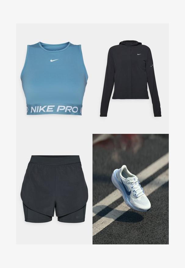 Jachetă neagră cu glugă, cu mâneci lungi, fabricată din material ușor. Dispune de un fermoar frontal, un logo Nike și accente de design subtile.; Top sportiv scurt, de culoare albastră, realizat dintr-un material neted, cu guler rotund, având un logo alb Nike și textul "NIKE PRO" pe bandă.; Șorturi sportive negre cu un design stratificat, având o strat exterior neted și șorturi interioare ajustate. Fabricate dintr-un material ușor și elastic.; Adidași albi cu parte superioară din plasă respirabilă și accente albastre. Dispune de o talpă amortizată și sireturi plate. Talpa intermediară prezintă branding-ul "Air Zoom".