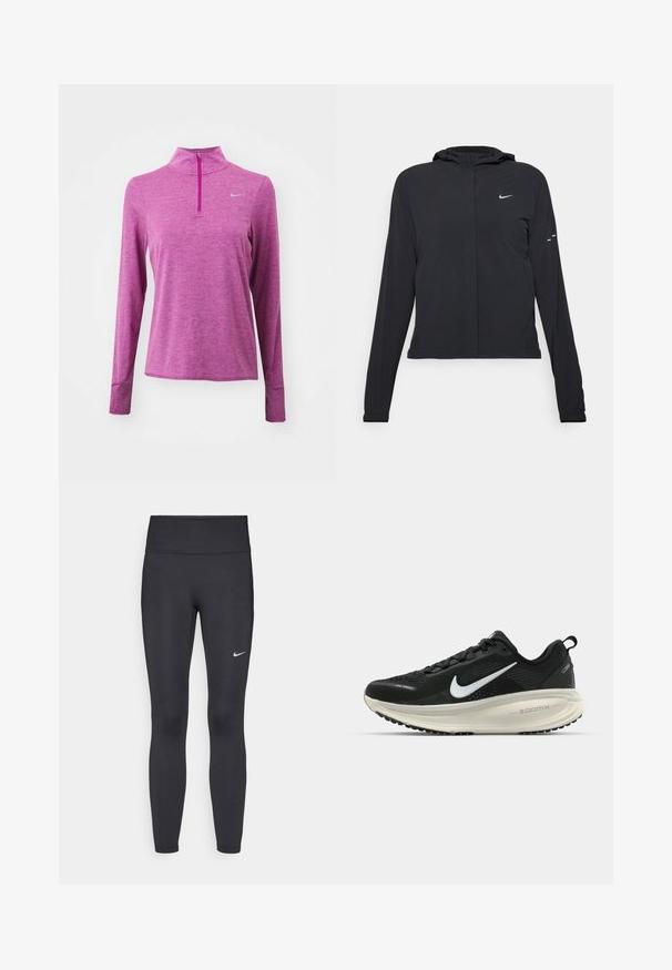 Svart huva jacka med långa ärmar, gjord av lätt material. Har en framdragare, en Nike-logotyp och subtila designelement.; Rosa långärmad träningsöverdel med halvvikt, gjord av texturerad tyg. Har en reflektierande logotyp på bröstet och tumhål i ärmsluten.; Svarta leggings i elastiskt material, med hög midja och en vit Nike-logga på vänster lår. Slät textur, figurnära design.; Svart Nike löparsko med andningsbart mesh-ovandel, vit swoosh-logotyp, texturerad detaljering och en krämfärgad ZoomX-mellansula.