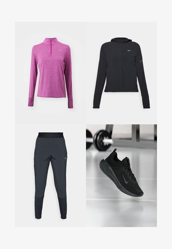 Schwarze Kapuzenjacke mit langen Ärmeln, aus leichtem Material gefertigt. Sie hat einen vorderen Reißverschluss, ein Nike-Logo und dezente Designelemente.; Rosa Langarm-Sportoberteil mit einem halben Reißverschluss, aus strukturiertem Stoff. Verfügt über ein reflektierendes Logo auf der Brust und Daumenlöcher in den Manschetten.; Dunkle graue Nike Sporthosen mit einem schmal zulaufenden Bein-Design, elastischem Bund und Akzentdetails in der Nähe der Bündchen.; Schwarzer Sportsneaker mit Nike-Logo, mid-air über dem Boden des Fitnessstudios, mit unscharfem Hantelregal im Hintergrund.