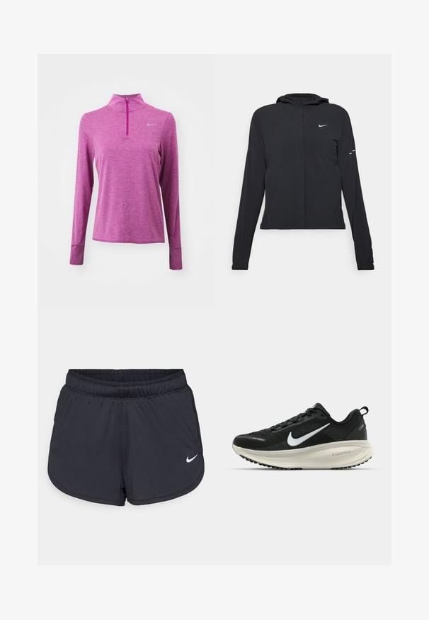 Czarna kurtka z kapturem, z długimi rękawami, wykonana z lekkiego materiału. Posiada zamek błyskawiczny z przodu, logo Nike oraz subtelne akcenty wzornicze.; Różowa, długorękawowa koszulka sportowa z półzamkiem, wykonana z fakturowanej tkaniny. Posiada odblaskowe logo na klatce piersiowej oraz otwory na kciuki w mankietach.; Czarne szorty sportowe wykonane z lekkiego, oddychającego materiału. Posiadają elastyczny pas i biały logo Nike na dolnym prawym boku.; Czarna biegowa półbut z oddychającej siateczki, białym logo swoosh, teksturowanymi detalami oraz kremową podeszwą środkową ZoomX.