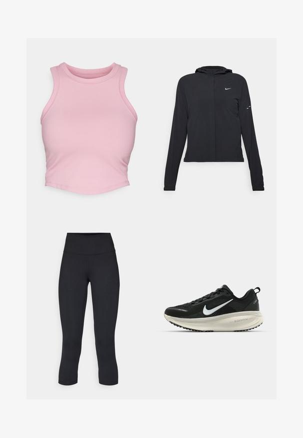 Fekete kapucnis dzseki hosszú ujjakkal, könnyű anyagból készült. Elülső cipzárral, Nike logóval és diszkrét dizájn elemekkel rendelkezik.; Rózsaszín, rövidített tank top rugalmas anyagból. Magas nyakkivágással és széles karfuratokkal rendelkezik, sima varrásokkal és testhezálló fazonnal.; Fekete, rövidített leggings elasztikus anyagból, magas derékkal és sima textúrával, látható minták vagy fémalkatrészek nélkül.; Fekete Nike futócipő légáteresztő hálós felsőrésszel, fehér Swoosh logóval, textúrázott részletekkel és krém színű ZoomX középtalppal.