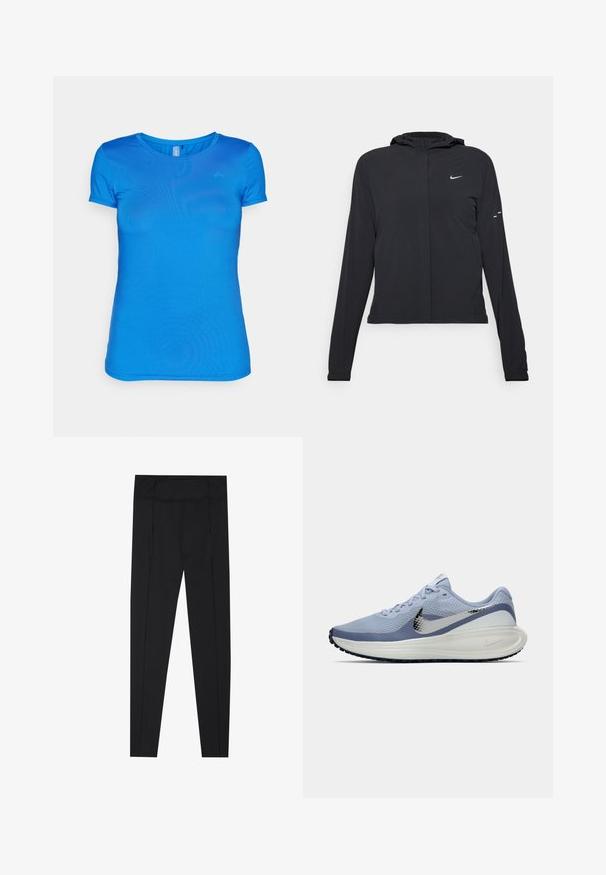 Must musta kapuutsiga jakk, millel on pikad varrukad ja mis on valmistatud kergetest materjalidest. Omab esitaskut, Nike logo ja kergelt silmatorkavaid disainiaktsente.; Sinine lühikeste varrukatega T-särk, mis on valmistatud kerge kangaga, ümmarguse kaelusega ja siledat tekstuuri omav. Diskreetne logo vasakul ülemisel küljel.; Mustad mustad, millel on sile pind, kõrge vöökoht ja õmblused külgedel. Slim-fit disain, sobilik erinevateks tegevusteks.; Heledadsinine ja valge Nike jooksutoss, millel on hõbedane swoosh, hingav võrkmaterjal, pehmendatud tallad ja must välispind.