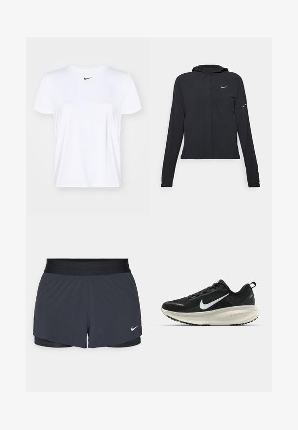 Must musta kapuutsiga jakk, millel on pikad varrukad ja mis on valmistatud kergetest materjalidest. Omab esitaskut, Nike logo ja kergelt silmatorkavaid disainiaktsente.; Valge spordipluus siledast kangast, ümmarguse kaelusega ja lühikeste varrukatega. Väike must Nike logo rinnaku keskosas.; Mustad must sportlikud lühikesed püksid, millel on elastne vöökoht, kihiline disain ja väike valge Nike logo vasakul all. Kerge materjal.; Musthave mustus Nike jooksujalats, millel on hingav võrgust ülemine osa, valge swoosh logo, tekstuuriga detailid ja kreemja värvusega ZoomX vahevöö.