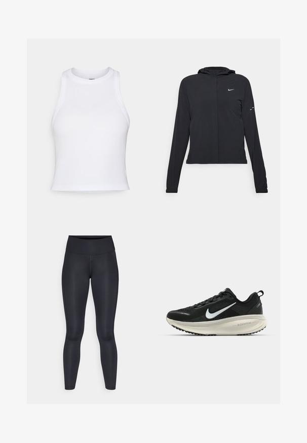 Juodas gobtuvas striukė su ilgomis rankovėmis, pagaminta iš lengvo audinio. Pasižymi priekiniais užtrauktukais, Nike logotipu ir subtiliais dizaino akcentais.; Balta be rankovių trumpa maikutė, pagaminta iš glotnaus medvilninio audinio. Turinti apvalią iškirptę ir prigludusią siluetą, be matomų raštų ar akcentų.; Juodos leggingos, pagamintos iš lygios, tamprios medžiagos. Aukštas liemuo, be matomų raštų ar akcentų. Tvirtai priglunda prie kūno nuo liemens iki kulkšnies.; Juodas Nike sportinis batelis su kvėpuojančiu tinklu, baltu swoosh logotipu, tekstūruoto dizaino detalėmis ir grietinėlės spalvos ZoomX viduriu.