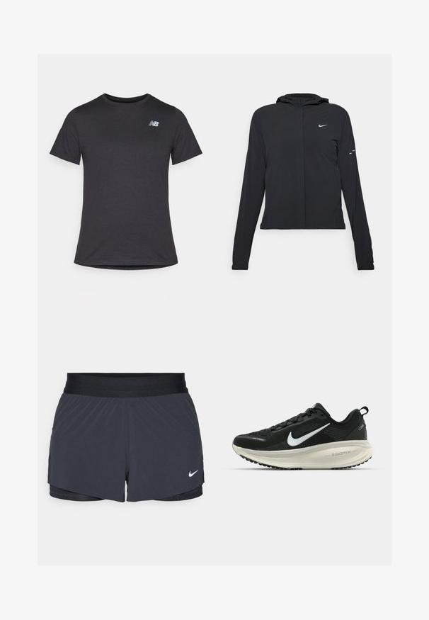 Jachetă neagră cu glugă, cu mâneci lungi, fabricată din material ușor. Dispune de un fermoar frontal, un logo Nike și accente de design subtile.; Tricou scurt cu mânecă neagră, fabricat dintr-un material moale, având un mic logo gri New Balance pe pieptul din stânga sus, cu un design clasic de gât.; Shorts atletici negri, cu un elastic la talie, având un design stratificat și un mic logo alb Nike în partea stângă jos. Material ușor.; Pantofii de alergare negri de la Nike, cu parte superioară din plasă respirabilă, logo-ul alb Swoosh, detalii texturate și o talpă intermediară ZoomX de culoare crem.