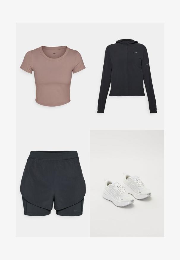 Fekete kapucnis dzseki hosszú ujjakkal, könnyű anyagból készült. Elülső cipzárral, Nike logóval és diszkrét dizájn elemekkel rendelkezik.; Barna, rövidített póló sima anyagból, kerek nyakkal és rövid ujjakkal. A Nike logó a gallér belsejében található.; Fekete sportnadrág réteges kialakítással, sima külső résszel és illeszkedő belső nadrággal. Könnyű, rugalmas anyagból készült.; Fehér sportcipő, texturált hálós felsőrésszel, párnázott talppal és diszkrét szürke díszítésekkel. Tartalmazza a márkázást és a könnyű felhúzást segítő hurkot a sarokrészen.