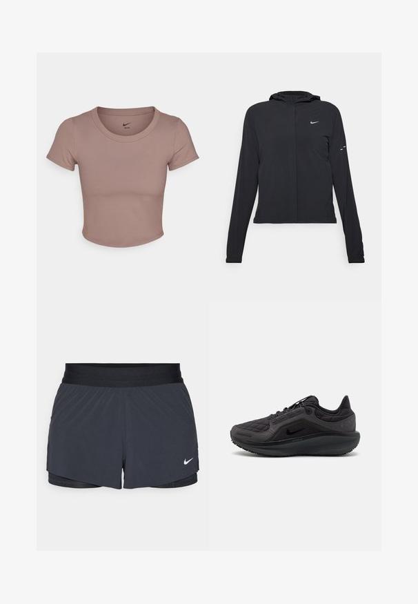 Melnā kapuci jaka ar garām piedurknēm, izgatavota no viegla materiāla. Tam ir priekšējais rāvējslēdzis, Nike logo un smalki dizaina akcenti.; Brūns kropts T-krekls, izgatavots no gludas auduma, ar apaļu kakla izgriezumu un īsām piedurknēm. Nike logo drukāts apkakles iekšpusē.; Melnas sporta šortus ar elastīgu jostu, ar slāņotu dizainu un mazu balto Nike logo apakšējā kreisajā stūrī. Viegls materiāls.; Melna sporta apava ar noquiltētu augšu, teksturētām akcentiem un mīkstu zoli. Iezīmē izteiksmīgu Nike logotipu un izturīgu zoli.
