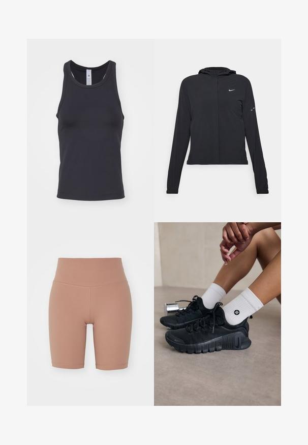 Jachetă neagră cu glugă, cu mâneci lungi, fabricată din material ușor. Dispune de un fermoar frontal, un logo Nike și accente de design subtile.; Top negru din bumbac moale și elastic. Are un decolteu rotund și bretele late, creat pentru a se adapta perfect.; Bermude de ciclism cu talie înaltă, de culoare bej, din material elastic, cu o textură netedă și cusături curate pentru confort și potrivire.; Pantofi sport negri din material texturat, cu un design cu sireturi și o talpă proeminentă, asortați cu șosete albe cu model cu nervuri, având un mic logo.