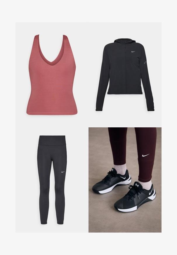 Svart hettegenser med lange ermer, laget av lett materiale. Har glidelås foran, Nike-logo og subtile design detaljer.; V-hals ermela topp i dempet rosa, laget av glatt stoff. Kroppsnær passform med en enkel, sømløs hem og uten ytterligere dekorasjoner.; Sorte leggings laget av elastisk stoff, med høy livlinje og en hvit Nike-logo på venstre lår. Glatt tekstur, kroppsnær passform.; Svarte joggesko med en strukturert overdel og hvite detaljer, med snøring og logo på siden. Brukt med maroon leggings og lyse sokker.