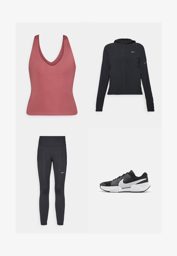 Chaqueta negra con capucha y mangas largas, hecha de un material ligero. Presenta un cierre frontal, un logo de Nike y acentos de diseño sutiles.; Top sin mangas en tono rosa apagado con escote en V, hecho de una tela suave. Diseño ajustado con un dobladillo simple y sin adornos adicionales.; Leggings negras de tela elástica, con una cintura alta y un logo blanco de Nike en el muslo izquierdo. Textura suave, diseño ajustado.; Zapatillas deportivas en blanco y negro con un upper texturizado, un prominente swoosh de Nike y un diseño de suela contrastante para mejorar el agarre y la estabilidad.