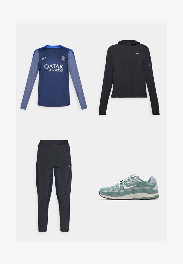 Črna kapuča s dolgimi rokavi, izdelana iz lahkega materiala. Ima sprednji zadrgo, logotip Nike in subtilne oblikovne detajle.; Mornarsko modra majica z dolgimi rokavi z modrimi detajli, Nike logo na prsih in 'QATAR AIRWAYS' v belem napisu. Gladek material, športen kroj.; Črne športne hlače z elastičnim pasom, ožjimi hlačnicami in majhnim belim logotipom na levem stegnu. Lahka, gladka tkanina.; Tenis z mrežastim in usnjenim zgornjim delom v svetlo zeleni in modri barvi, s podložnim podplatom, gumijastim podplatom in belimi detajli. Model P-6000.