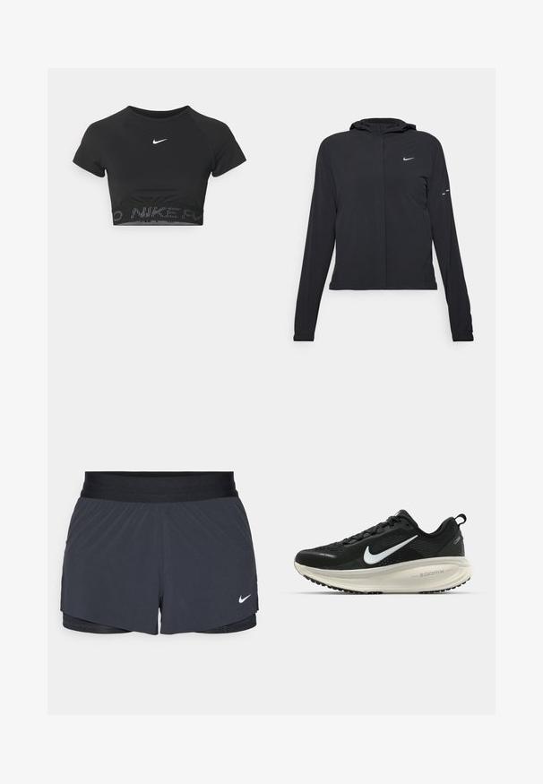 Must musta kapuutsiga jakk, millel on pikad varrukad ja mis on valmistatud kergetest materjalidest. Omab esitaskut, Nike logo ja kergelt silmatorkavaid disainiaktsente.; Mustas lühikeste varrukatega sportlik crop top, millel on valge Nike logo ja tekstuuriga riba, mille servas on mustriga "NIKE".; Mustad must sportlikud lühikesed püksid, millel on elastne vöökoht, kihiline disain ja väike valge Nike logo vasakul all. Kerge materjal.; Musthave mustus Nike jooksujalats, millel on hingav võrgust ülemine osa, valge swoosh logo, tekstuuriga detailid ja kreemja värvusega ZoomX vahevöö.
