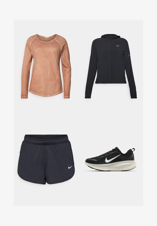Black hooded jacket with long sleeves, made from lightweight material. Features a front zipper, a Nike logo, and subtle design accents.; Long-sleeve, round-neck top in soft, peach-toned fabric with a slightly textured finish and contrasting light seams. Subtle curved hem.; Black athletic shorts made of lightweight, breathable fabric. Features an elastic waistband and white Nike logo on the lower right side.; Black Nike running shoe with breathable mesh upper, white swoosh logo, textured detailing, and a cream-colored ZoomX midsole.