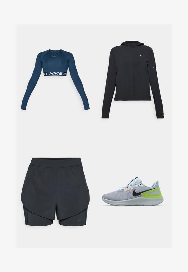 Svart hettegenser med lange ermer, laget av lett materiale. Har glidelås foran, Nike-logo og subtile design detaljer.; Navy blå langermet trening crop top laget av elastisk materiale, med en hvit Nike-logo og et bredt "NIKE PRO" bånd i bunnen.; Svart idrettsshorts med lagdelt design, som har et glatt ytre lag og tettsittende indre shorts. Laget av lett, elastisk stoff.; Nike joggesko i lys grå mesh med svart swoosh, grønn akcent på hælen og oransje detaljer. Designet for komfort og støtte.