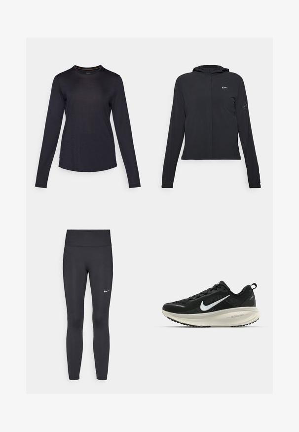 Černá kapucňová bunda s dlouhými rukávy, vyrobená z lehkého materiálu. Obsahuje přední zip, logo Nike a decentní designové akcenty.; Dlouhý rukáv košile v námořnické modři, vyrobená z měkkého materiálu s kulatým výstřihem, jemnou texturou a zakřiveným lemem. Obsahuje malou nášivku s logem.; Černé legíny vyrobené z elastického materiálu, s vysokým pasem a bílým logem Nike na levém stehně. Hladká textura, přiléhavý střih.; Černá běžecká obuv Nike s prodyšným síťovaným svrškem, bílým logem swoosh, texturovanými detaily a krémovou mezipodešví ZoomX.