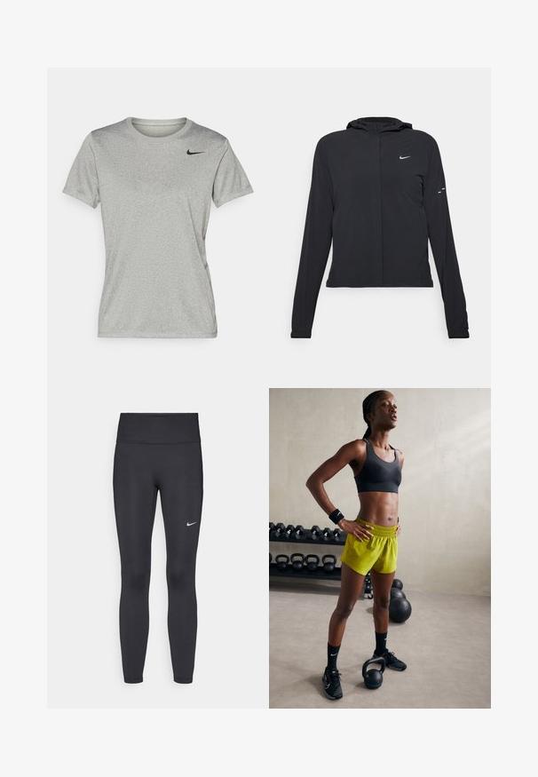 Mustassa hupparissa on pitkät hihat, ja se on valmistettu kevyestä materiaalista. Siinä on edessä vetoketju, Nike-logo ja hillityt muotoiluyksityiskohdat.; Harmaa lyhythihainen urheilupaita, jossa on pyöreä pääntie ja musta Nike-logo vasemmassa ylärinnassa. Valmistettu sileästä, kevyestä kankaasta.; Mustat leggingsit joustavasta kankaasta, joissa on korkea vyötärö ja valkoinen Nike-logo vasemmassa reidessä. Sileä pinta, muotoaan myötäilevä suunnittelu.; Musta urheiluliivi, kirkkaat keltaiset shortsit, joissa on joustava vyötärö, mustat urheilu-kengät ja rannetuet, seisomassa kettlebellien vieressä.