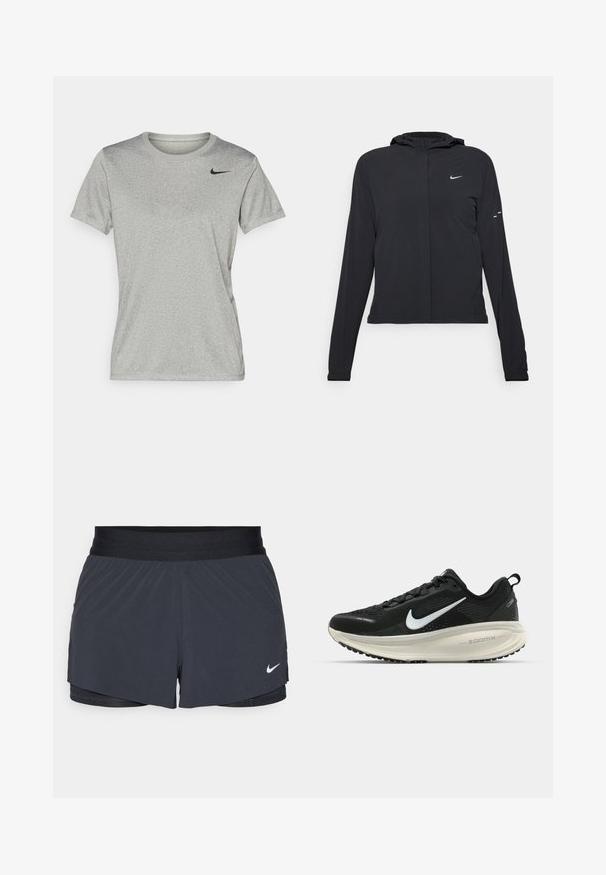 Juodas gobtuvas striukė su ilgomis rankovėmis, pagaminta iš lengvo audinio. Pasižymi priekiniais užtrauktukais, Nike logotipu ir subtiliais dizaino akcentais.; Pilkas trumpas rankovėmis sportinis marškinėliai su apvalia iškirpte ir juodu Nike logotipu viršuje kairėje krūtinės pusėje. Pagaminti iš lygios, lengvos medžiagos.; Juodos sportinės šortai su elastine talija, turintys sluoksniuotą dizainą ir mažą baltą Nike logotipą kairiajame apačioje. Lengvas audinys.; Juodas Nike sportinis batelis su kvėpuojančiu tinklu, baltu swoosh logotipu, tekstūruoto dizaino detalėmis ir grietinėlės spalvos ZoomX viduriu.