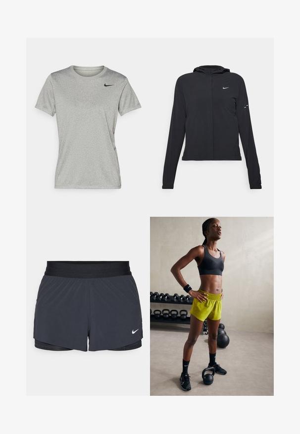 Casaco preto com capuz e mangas longas, feito de material leve. Apresenta um fecho dourado na frente, um logótipo da Nike e detalhes de design subtis.; Camisa atlética cinza de mangas curtas com decote redondo e um logótipo da Nike em preto no lado superior esquerdo do peito. Feita de um tecido leve e suave.; Calças curtas de atletismo pretas com um cós elástico, apresentando um design em camadas e um pequeno logótipo da Nike em branco no canto inferior esquerdo. Material leve.; Sutiã desportivo preto, calções amarelos brilhantes com cintura elástica, sapatos de atletismo pretos e pulseiras, de pé ao lado de kettlebells.