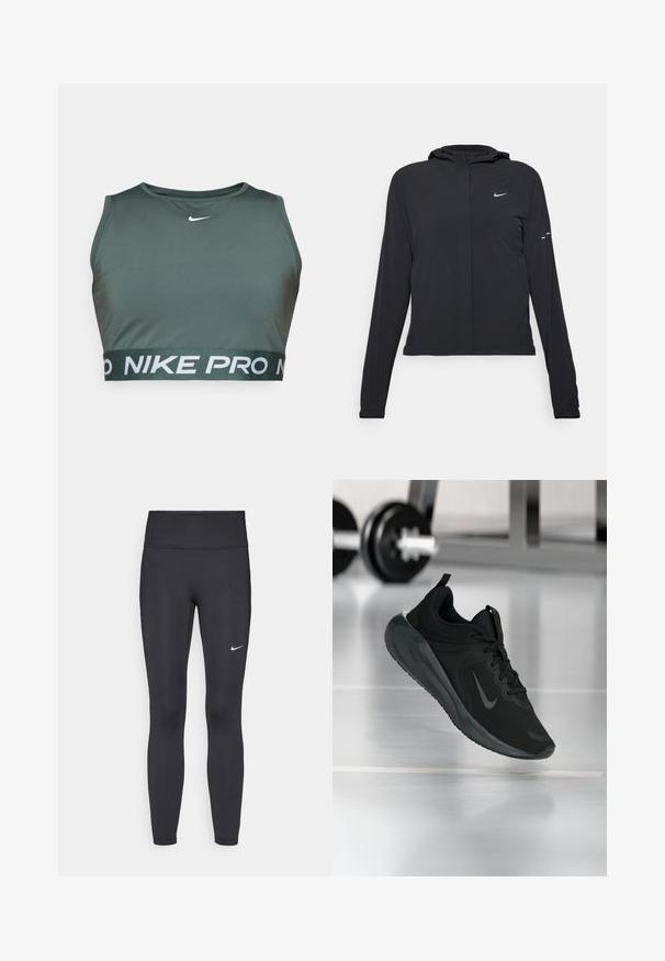 Casaco preto com capuz e mangas longas, feito de material leve. Apresenta um fecho dourado na frente, um logótipo da Nike e detalhes de design subtis.; Sutiã desportivo verde feito de tecido suave, com decote redondo e uma faixa elástica larga com "NIKE PRO" em letras brancas.; Leggings pretos feitos de tecido elástico, com uma cintura alta e um logo branco da Nike na coxa esquerda. Textura suave, design ajustado ao corpo.; Sapatilha desportiva preta com o logotipo da Nike, mostrada em pleno ar sobre o chão do ginásio, com um suporte de halteres desfocado ao fundo.