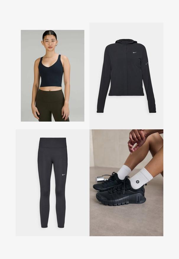 Juodas gobtuvas striukė su ilgomis rankovėmis, pagaminta iš lengvo audinio. Pasižymi priekiniais užtrauktukais, Nike logotipu ir subtiliais dizaino akcentais.; Tamsiai mėlynas trumpas sportinis viršus su V formos iškirpte ir plonomis petnešėlėmis, pagamintas iš tamprios medžiagos, derinamas su aukštu liemeniu alyvuogių spalvos leggingais.; Juodi leggingai iš elastingos medžiagos, turintys aukštą juosmenį ir baltą Nike logotipą kairėje šlaunyje. Lygus paviršius, prigludusi dizainas.; Juodi sportiniai bateliai su tekstūruota medžiaga, raištelių dizainu ir ryškiu padu, derinami su baltais raukšlėtais kojiniais, turinčiais mažą logotipą.