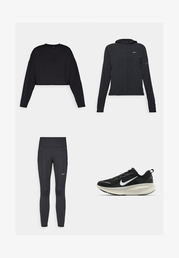 Casaco preto com capuz e mangas longas, feito de material leve. Apresenta um fecho dourado na frente, um logótipo da Nike e detalhes de design subtis.; Top cropped de algodão preto com mangas longas, decote redondo e textura suave. Apresenta um design minimalista, sem padrões ou acentos visíveis.; Leggings pretos feitos de tecido elástico, com uma cintura alta e um logo branco da Nike na coxa esquerda. Textura suave, design ajustado ao corpo.; Sapatilha de corrida Nike preta com parte superior de malha respirável, logotipo Swoosh branco, detalhes texturizados e uma entressola ZoomX na cor creme.