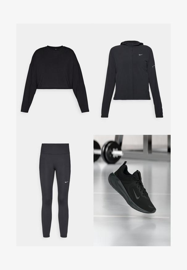 Casaco preto com capuz e mangas longas, feito de material leve. Apresenta um fecho dourado na frente, um logótipo da Nike e detalhes de design subtis.; Top cropped de algodão preto com mangas longas, decote redondo e textura suave. Apresenta um design minimalista, sem padrões ou acentos visíveis.; Leggings pretos feitos de tecido elástico, com uma cintura alta e um logo branco da Nike na coxa esquerda. Textura suave, design ajustado ao corpo.; Sapatilha desportiva preta com o logotipo da Nike, mostrada em pleno ar sobre o chão do ginásio, com um suporte de halteres desfocado ao fundo.