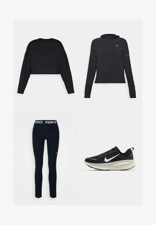 Svart hettegenser med lange ermer, laget av lett materiale. Har glidelås foran, Nike-logo og subtile design detaljer.; Svart bomullstopp med lange ermer, rund hals og myk tekstur. Har et minimalistisk design uten synlige mønstre eller accenter.; Sorte Nike tights med Pro-linning, som har en hvit logo på venstre lår. Laget av elastisk stoff, designet for komfort og bevegelse.; Svart Nike løpesko med pustende mesh-overdel, hvit swoosh-logo, teksturert detaljer og en kremfarget ZoomX mellomsåle.