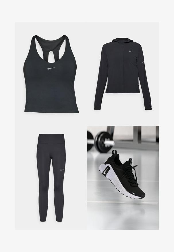 Casaco preto com capuz e mangas longas, feito de material leve. Apresenta um fecho dourado na frente, um logótipo da Nike e detalhes de design subtis.; Camisola atlética preta com um desenho de costas nadador, apresentando um painel de malha e um pequeno logo prateado da Nike na parte da frente.; Leggings pretos feitos de tecido elástico, com uma cintura alta e um logo branco da Nike na coxa esquerda. Textura suave, design ajustado ao corpo.; Sapato desportivo preto com parte superior em tecido texturizado, sola branca e sistema de atacadores proeminente. Apresenta um logótipo da Nike e um design macio e acolchoado.