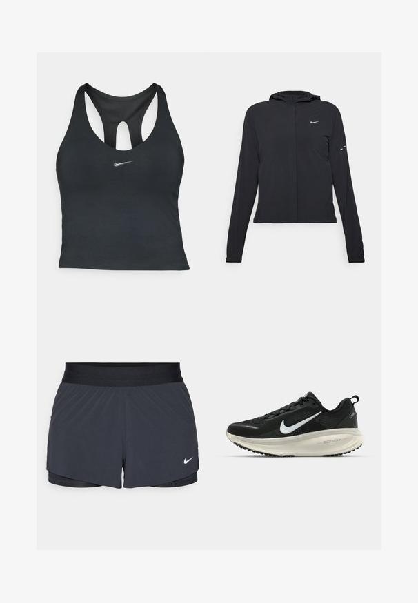 Svart hettegenser med lange ermer, laget av lett materiale. Har glidelås foran, Nike-logo og subtile design detaljer.; Svart atletisk tanktopp med racerback-design, med et mesh-panel og en liten sølvfarget Nike-logo foran.; Sorte treningshorts med elastisk midjebånd, med lagdelt design og liten hvit Nike-logo på nederste venstre side. Lett materiale.; Svart Nike løpesko med pustende mesh-overdel, hvit swoosh-logo, teksturert detaljer og en kremfarget ZoomX mellomsåle.