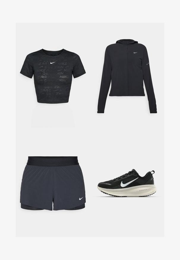 Svart huva jacka med långa ärmar, gjord av lätt material. Har en framdragare, en Nike-logotyp och subtila designelement.; Svart kortärmad t-shirt i lätt material, med ett strukturerat mönster av ordet "NIKE" och en liten vit Nike swoosh-logotyp.; Svarta idrottsshorts med elastisk midja, med en lagerdesign och en liten vit Nike-logga på nedre vänstra sidan. Lättviktig material.; Svart Nike löparsko med andningsbart mesh-ovandel, vit swoosh-logotyp, texturerad detaljering och en krämfärgad ZoomX-mellansula.