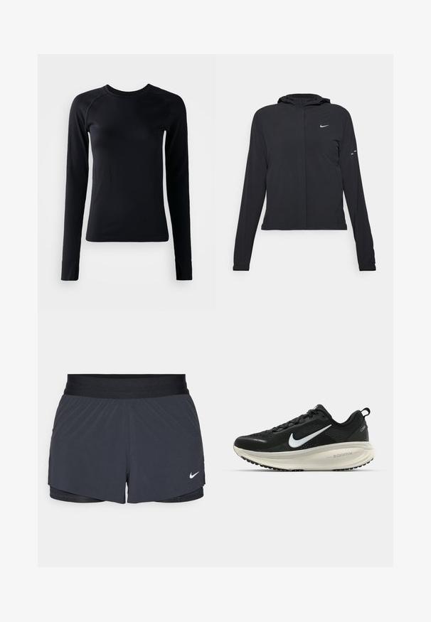 Juodas gobtuvas striukė su ilgomis rankovėmis, pagaminta iš lengvo audinio. Pasižymi priekiniais užtrauktukais, Nike logotipu ir subtiliais dizaino akcentais.; Juodas ilgomis rankovėmis marškinius, pagamintas iš lygios, elastingos medžiagos; turi įpjovimus peties ir rankogalių srityse; apvalus iškirpimas, prigludęs dizainas.; Juodos sportinės šortai su elastine talija, turintys sluoksniuotą dizainą ir mažą baltą Nike logotipą kairiajame apačioje. Lengvas audinys.; Juodas Nike sportinis batelis su kvėpuojančiu tinklu, baltu swoosh logotipu, tekstūruoto dizaino detalėmis ir grietinėlės spalvos ZoomX viduriu.