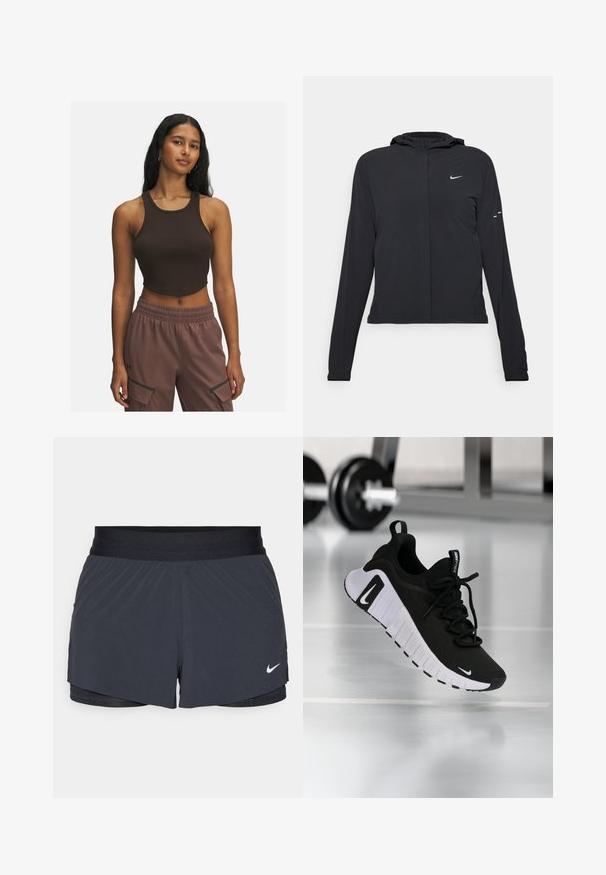 Sort hættetrøje med lange ærmer, lavet af letvægtsmateriale. Har en frontlynlås, et Nike-logo og subtile designaccenter.; Brun ribbet crop top med rund halsudskæring og minimale syninger, parret med lysebrune bukser med sidelommer og elastisk talje.; Sort træningsshorts med elastisk talje, der har et lagdelt design og et lille hvidt Nike-logo nederst til venstre. Letvægtsmateriale.; Sort atletiksko med en tekstureret stofoverdel, hvid sål og fremtrædende snøresystem. Indeholder en Nike-logo og et blødt, polstret design.