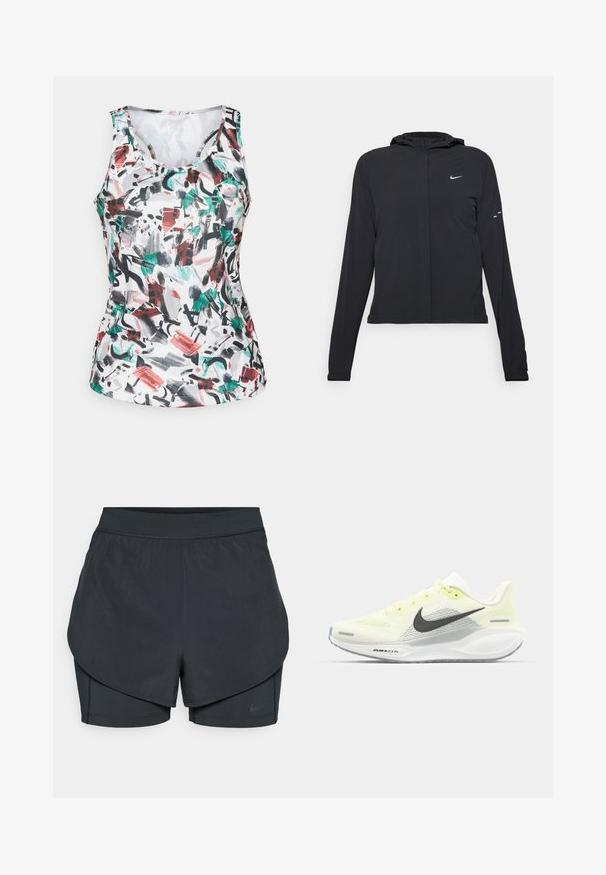 Zwarte kaptrui met lange mouwen, gemaakt van lichtgewicht materiaal. Voorzien van een ritssluiting aan de voorkant, een Nike-logo en subtiele ontwerpelementen.; Mouwloos sporttanktop met ronde halslijn, met een abstract penseelstrook patroon in groen, rood, zwart en grijs op een witte stof.; Zwarte sportshorts met een gelaagd ontwerp, voorzien van een gladde buitenlaag en aansluitende binnen shorts. Gemaakt van lichtgewicht, rekbare stof.; Nike hardloopschoenen met een lichtgele en witte mesh bovenkant, grijze accenten en een flexibele rubberen zool. Voorzien van een vetersluiting.