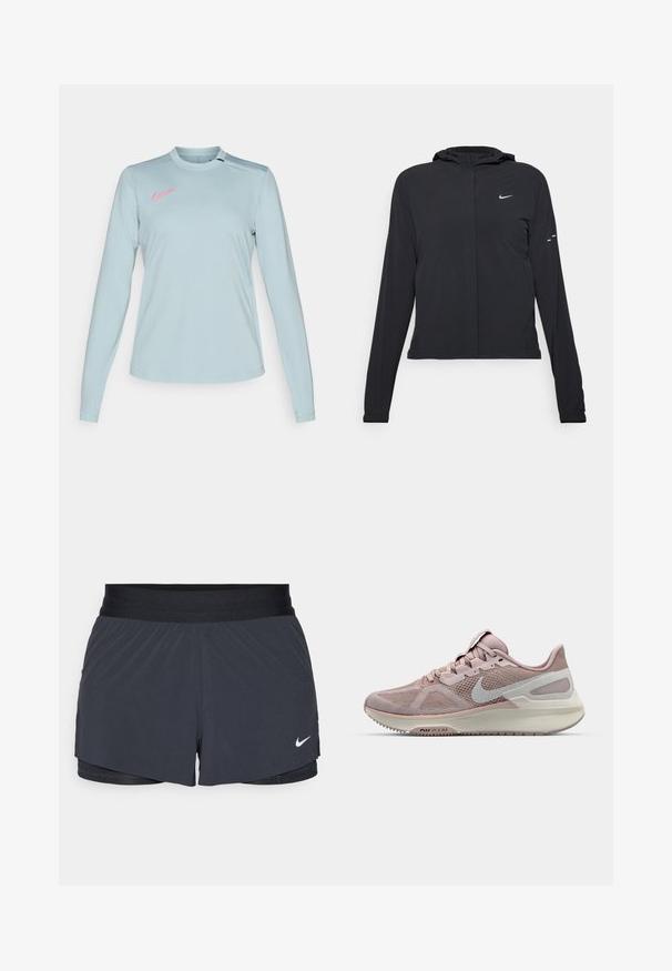 Schwarze Kapuzenjacke mit langen Ärmeln, aus leichtem Material gefertigt. Sie hat einen vorderen Reißverschluss, ein Nike-Logo und dezente Designelemente.; Hellblaues Nike Langarmshirt mit Rundkragen, das ein pinkes Logo auf der linken Schulter und einen glatten, strukturierten Stoff aufweist.; Schwarze Sportshorts mit elastischem Bund, ausgestattet mit einem geschichteten Design und einem kleinen weißen Nike-Logo unten links. Leichtes Material.; Nike-Laufschuh mit einem Obermaterial aus Netzstoff in Hellrosa und Grau, ausgestattet mit einer gepolsterten Sohle und einem abgerundeten Zehendesign. Mit Akzent-Swoosh-Logo.