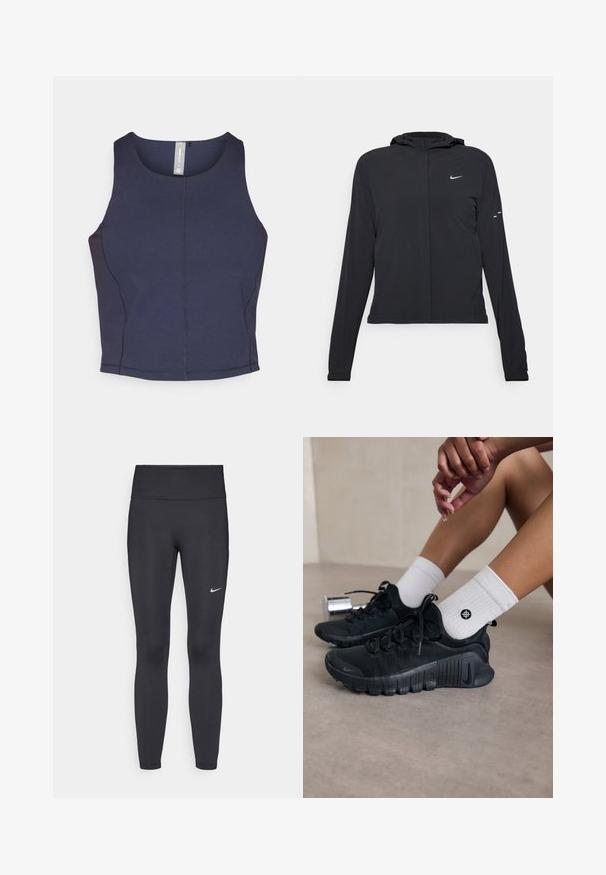Black hooded jacket with long sleeves, made from lightweight material. Features a front zipper, a Nike logo, and subtle design accents.; Navy blue sleeveless crop top with a round neckline, smooth texture, and visible seam detailing on the sides.; Black leggings made of stretchy fabric, featuring a high waistband and a white Nike logo on the left thigh. Smooth texture, form-fitting design.; Black athletic shoes with textured fabric, laced design, and a prominent sole, paired with white ribbed socks featuring a small logo.