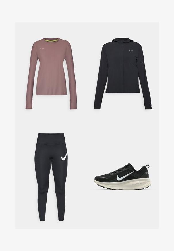 Casaco preto com capuz e mangas longas, feito de material leve. Apresenta um fecho dourado na frente, um logótipo da Nike e detalhes de design subtis.; HOKA AIROLITE RUN LONG SLEEVE - Camisola de manga comprida - smokey quartz; Leggings atléticos pretos de cintura alta com um logótipo Nike swoosh branco na parte superior da coxa esquerda, contra um fundo branco.; Sapatilha de corrida Nike preta com parte superior de malha respirável, logotipo Swoosh branco, detalhes texturizados e uma entressola ZoomX na cor creme.