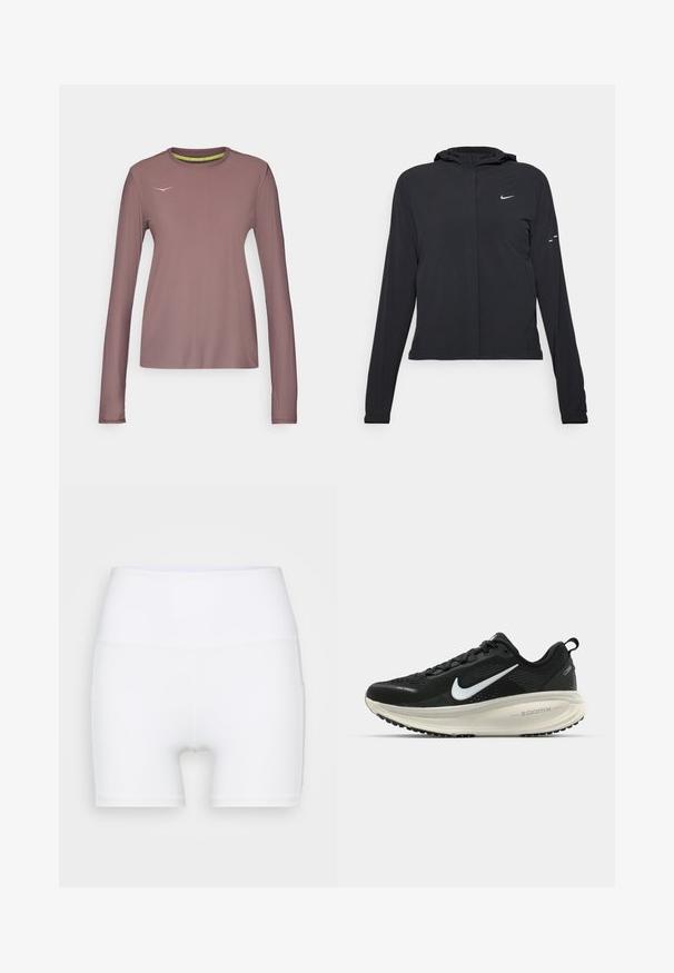 Black hooded jacket with long sleeves, made from lightweight material. Features a front zipper, a Nike logo, and subtle design accents.; HOKA AIROLITE RUN LONG SLEEVE - Long sleeved top - smokey quartz; White high-waisted shorts made from stretch fabric. Features a smooth texture and fitted design, with no additional patterns or hardware.; Black Nike running shoe with breathable mesh upper, white swoosh logo, textured detailing, and a cream-colored ZoomX midsole.