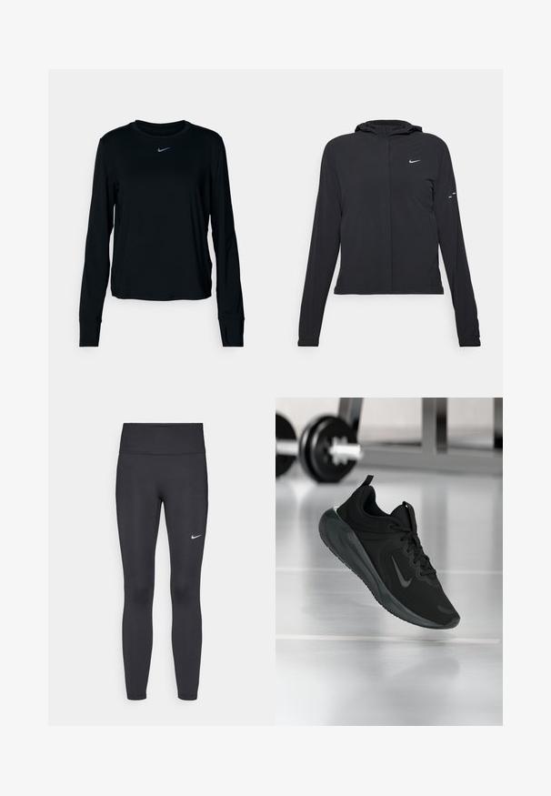 Czarna kurtka z kapturem, z długimi rękawami, wykonana z lekkiego materiału. Posiada zamek błyskawiczny z przodu, logo Nike oraz subtelne akcenty wzornicze.; Czarna koszulka Nike z długim rękawem, okrągłym dekoltem, miękkiego materiału, regularnego kroju oraz małym odblaskowym logo na piersi.; Czarne legginsy z elastycznego materiału, z wysokim pasem i białym logo Nike na lewym udzie. Gładka tekstura, dopasowany krój.; Czarny sportowy sneaker z logo Nike, pokazany w powietrzu na podłodze siłowni, z rozmytym regałem z hantlami w tle.