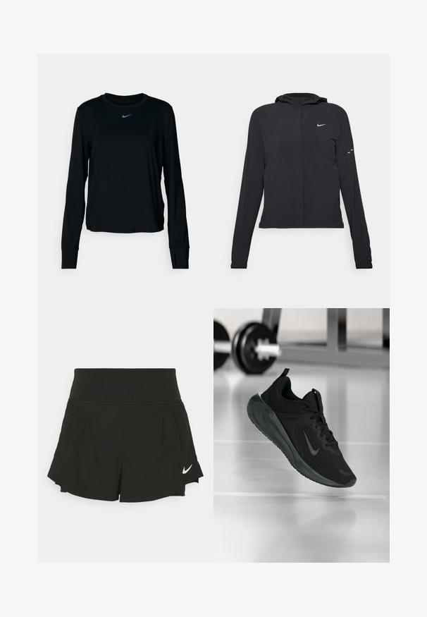 Zwarte kaptrui met lange mouwen, gemaakt van lichtgewicht materiaal. Voorzien van een ritssluiting aan de voorkant, een Nike-logo en subtiele ontwerpelementen.; Zwarte lange mouwen Nike T-shirt met een ronde halslijn, zacht materiaal, normale pasvorm en een klein reflecterend logo op de borst.; Zwarte sportshorts met een brede tailleband, geplooide details, gebogen zoom en een wit Nike-logo aan de onderzijde rechts.; Zwarte sportsneaker met Nike-logo, weergegeven in de lucht boven de gymvloer, met een vervaagde halterrek op de achtergrond.